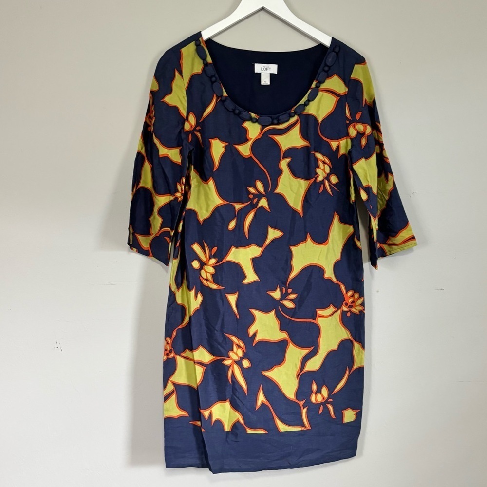 ANN TAYLOR LOFT Women’s Blue Green Tropical Floral Print 3/4 Sleeve Dress Sz 10 - Picture 1 of 6